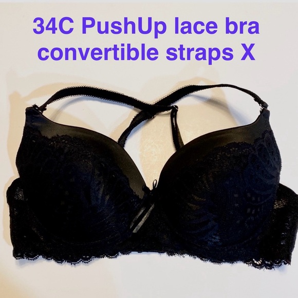 34C Push-Up Lace Side/Back Convertible X Crossed Strapless Black Cup Convertible - Picture 1 of 14